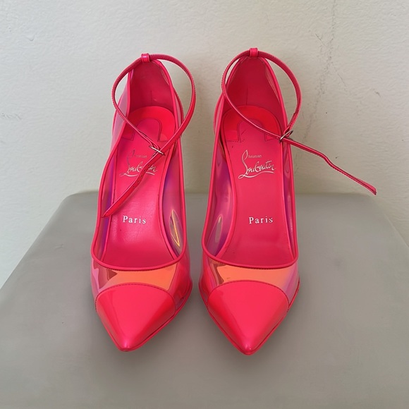 Christian Louboutin hot pink iridescent pump with neon yellow studs. - Picture 5 of 13